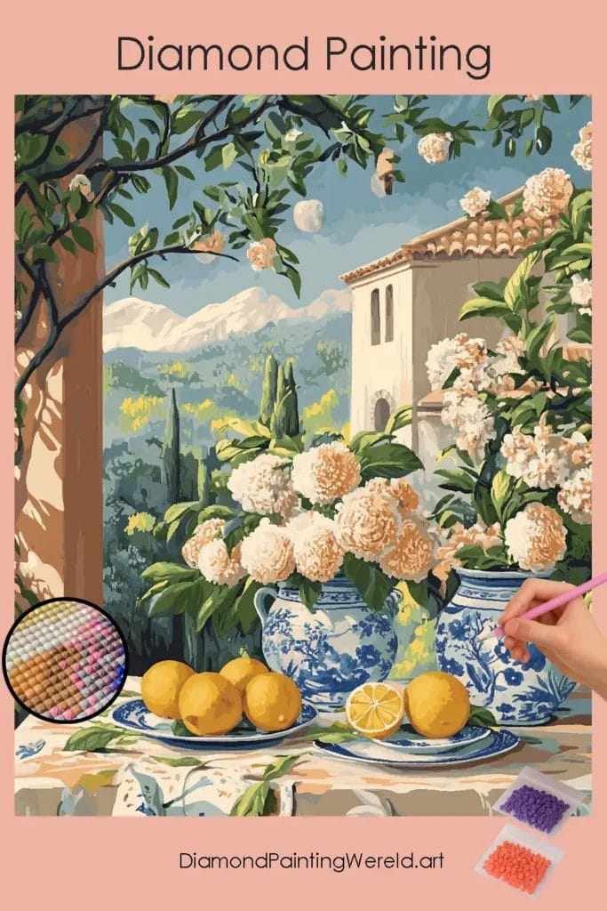 Vruchten en Bloemen met Stadsgezicht 1 Diamond Painting Wereld Früchte und Blumen mit Stadtkulisse