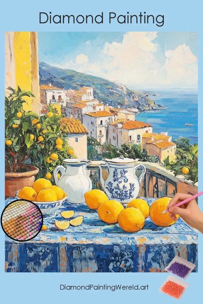 Sinaasappels op Tafel met Stads- & Zeezicht 1 Diamond Painting Wereld 1099970 40x50 pin diamond painting paintingscart DIY diamond Painting Wereld