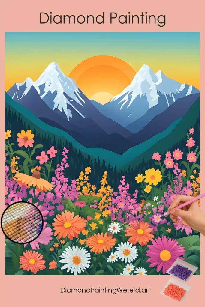 Bloemen en Zonsopgang in de Bergen 1 Diamond Painting Wereld 873743 pin diamond painting paintingscart DIY diamond Painting Wereld