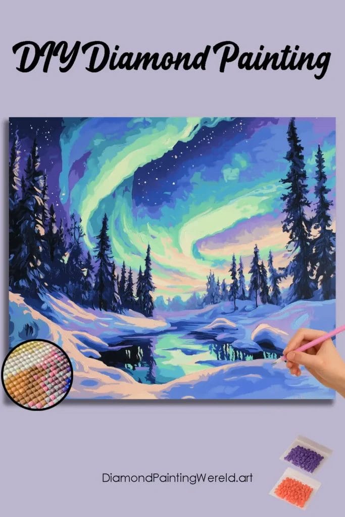 Noorderlicht Boven Besneeuwd Landschap 1 Diamond Painting Wereld Northern Lights over Snow-Covered Landscape