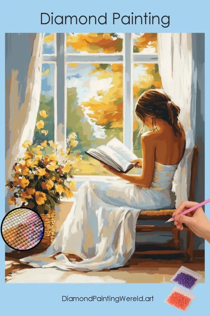 Meisje in het Wit bij het Raam 1 Diamond Painting Wereld 876136 pin diamond painting paintingscart DIY diamond Painting Wereld