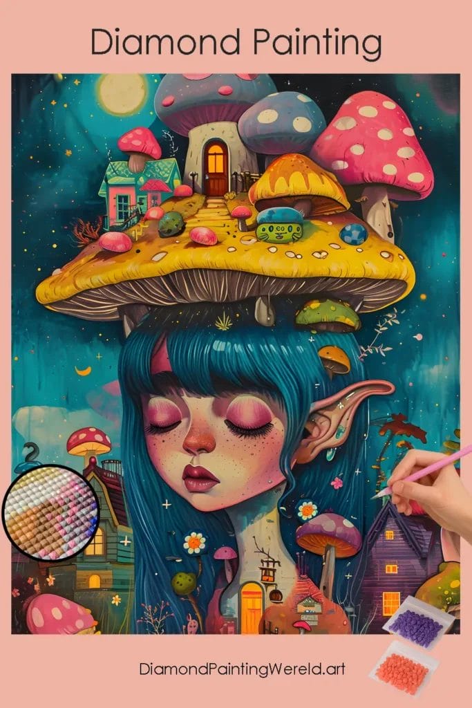 Paddenstoelhuis in Psychedelische Wereld 1 Diamond Painting Wereld Mushroom House psychedelic World