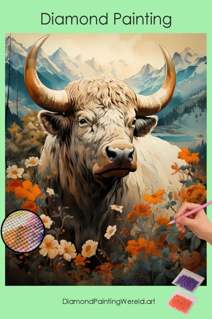 Diamond Painting Schotse Hooglander 1 Diamond Painting Wereld Highland Cow, Big Horns