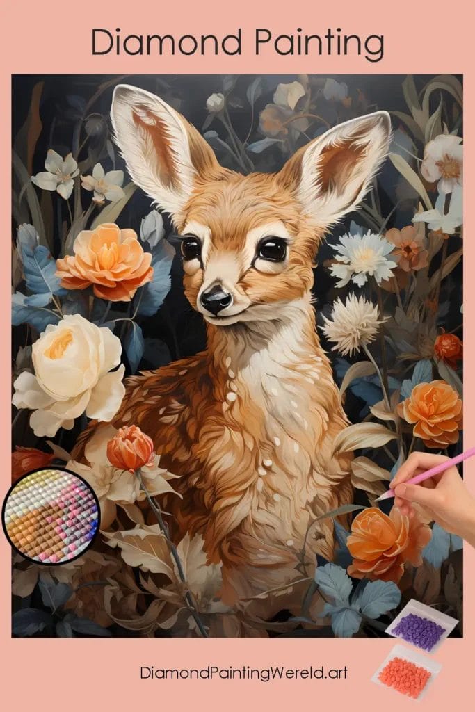 Reekalfje en Bloemen 1 Diamond Painting Wereld Fawn Deer and Flowers