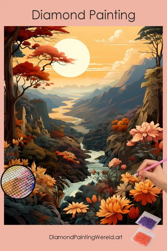 Zon, Bloemen en Rivier 1 Diamond Painting Wereld Sun, Flowers and River