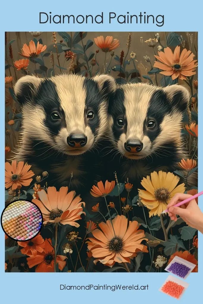 Dassen in Bloemen 1 Diamond Painting Wereld Badgers in Flowers