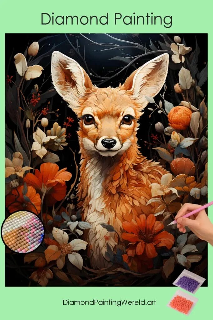 Schattig Reekalfje met Bloemen 1 Diamond Painting Wereld Cute Baby Deer and Flowers
