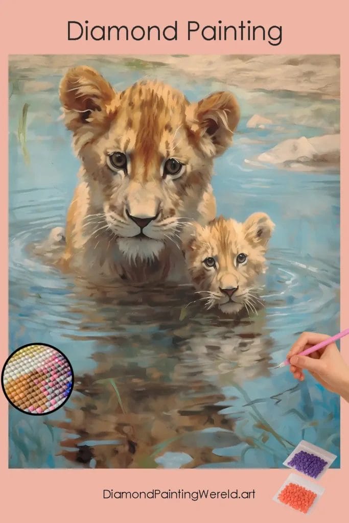 Baby Leeuwen in het Water 1 Diamond Painting Wereld Baby Lions in Water