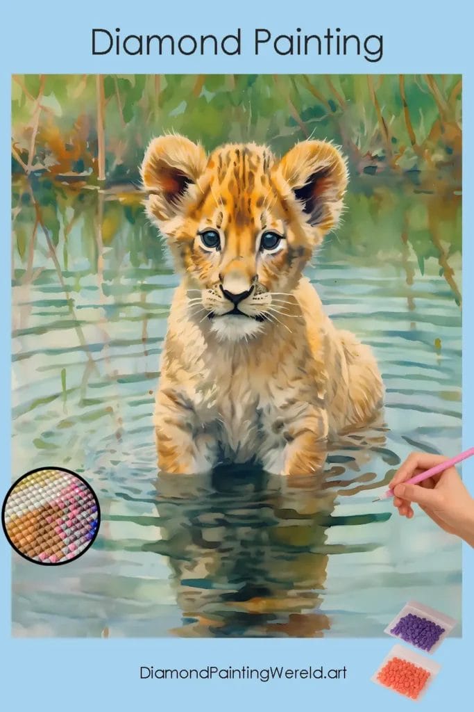 Baby Leeuw in Water 1 Diamond Painting Wereld Baby Lion in Water