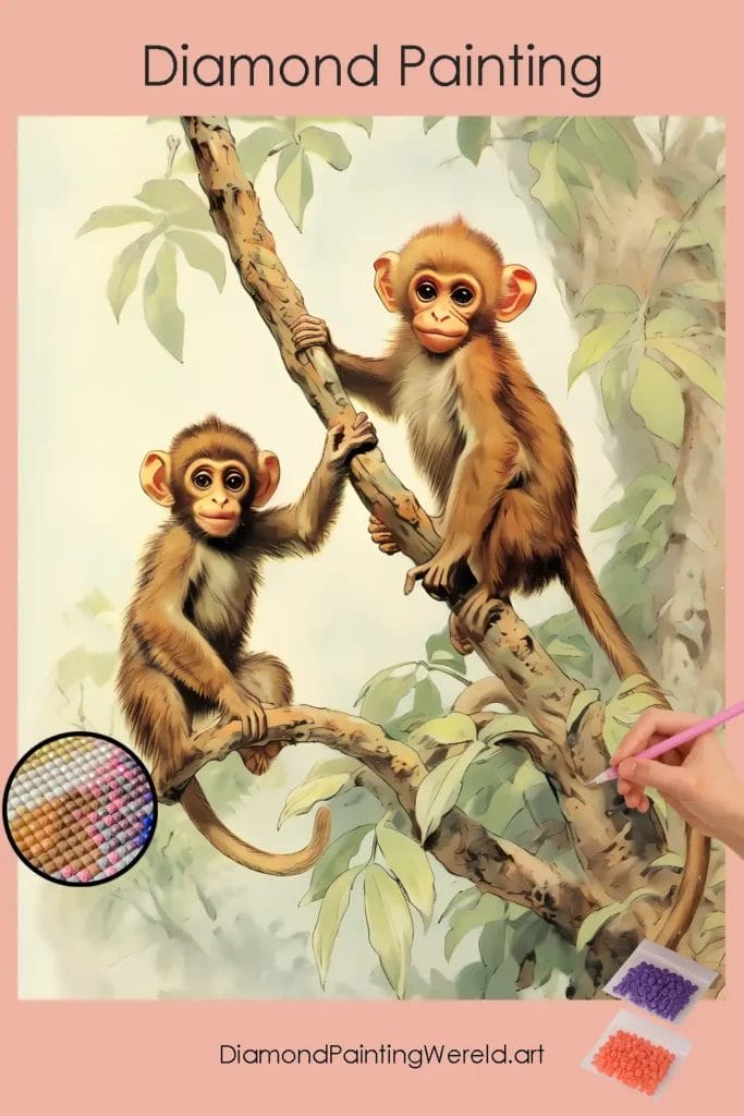 Babyaapjes op tak 1 Diamond Painting Wereld Baby Monkeys on Branch