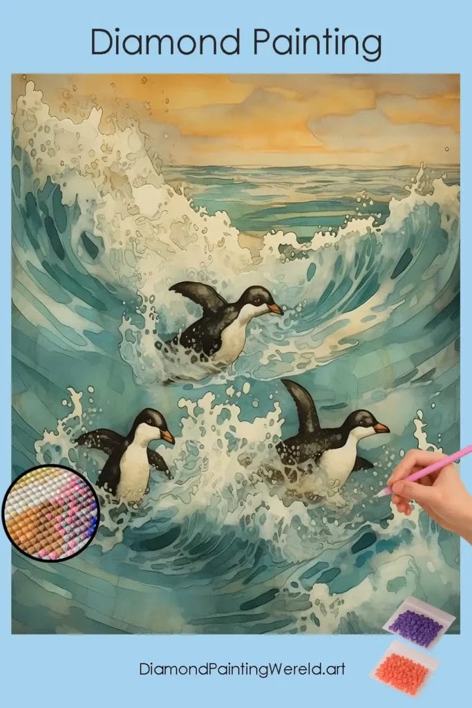 Surfing Pinguïn op Golven 1 Diamond Painting Wereld Penguin Surfing on Waves