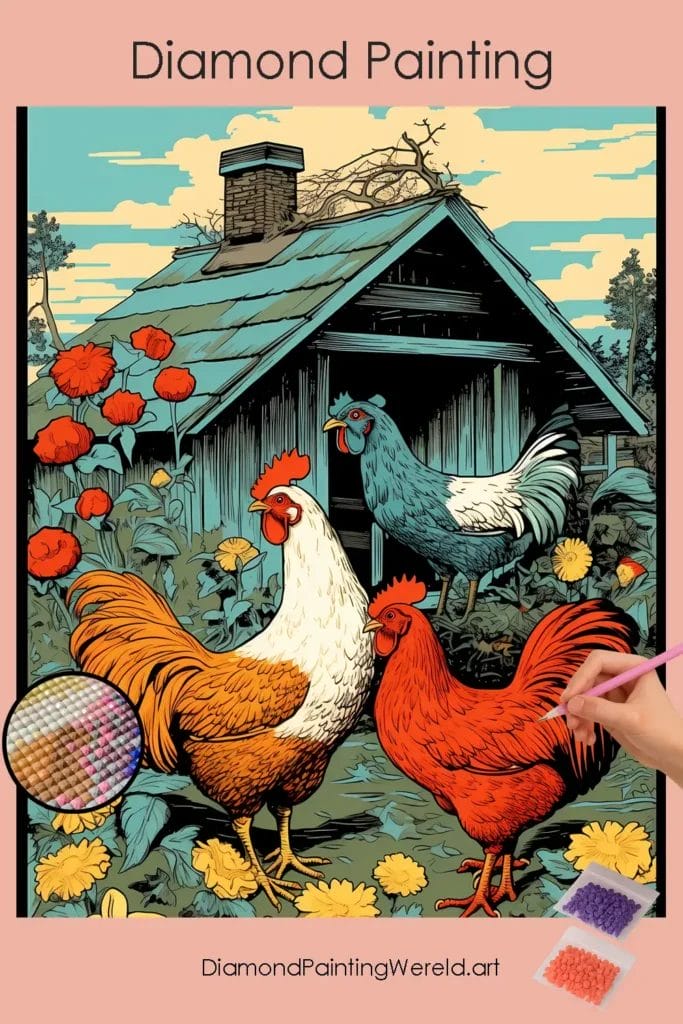 Haan en Kip (Tekenfilmstijl) 1 Diamond Painting Wereld Cock and Hen, Cartoon Style
