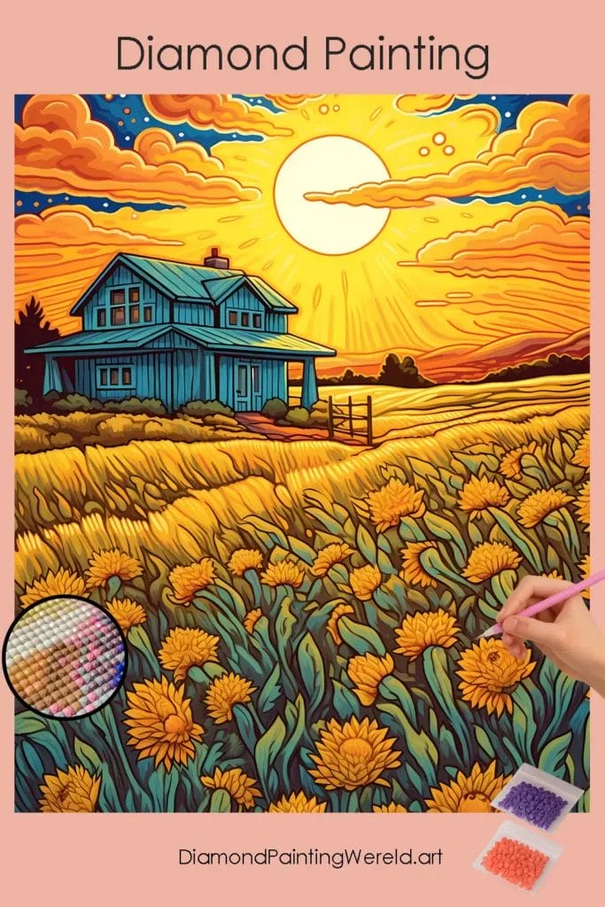 Huis in Bloemenvelden 1 Diamond Painting Wereld House in Flower Fields