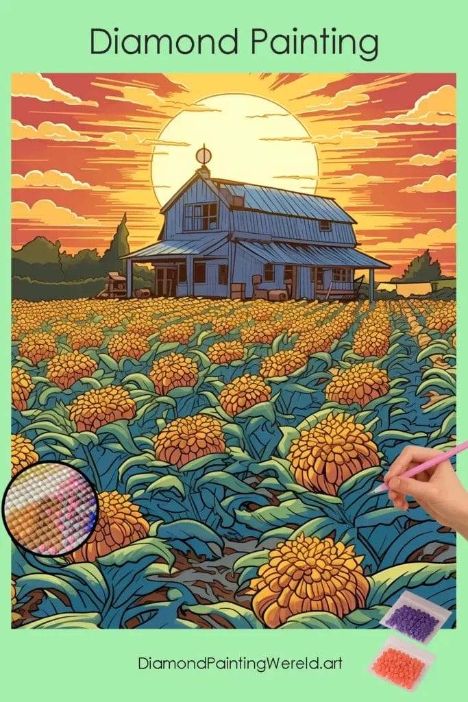 Bloemenveld en Huis 1 Diamond Painting Wereld Flower Field and House