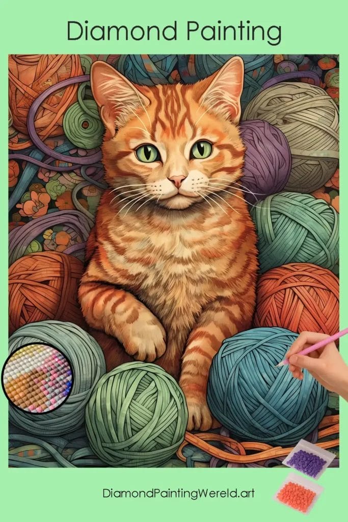 Kat met Bolletjes Wol 1 Diamond Painting Wereld Cat with Yarn Balls