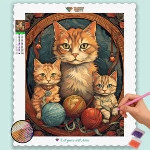 Cat and Kittens with Yarn Balls