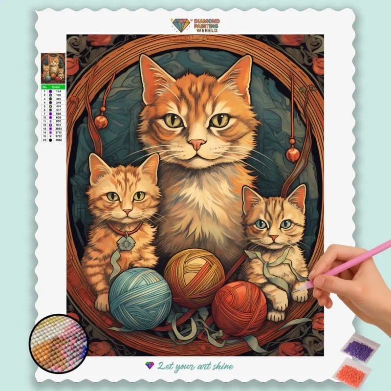 Cat and Kittens with Yarn Balls