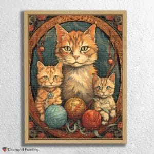 Cat and Kittens with Yarn Balls
