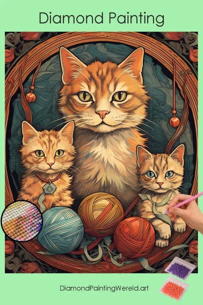 Kat en Kittens met Wolballen 1 Diamond Painting Wereld Cat and Kittens with Yarn Balls