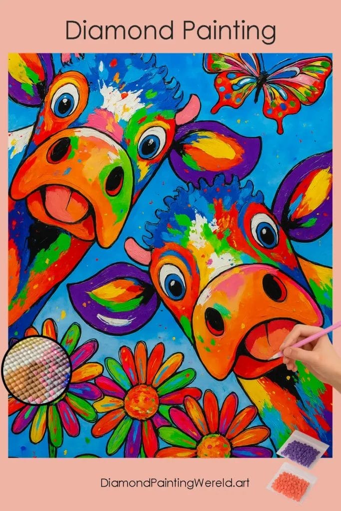 Kleurrijke & Grappige Koeien 1 Diamond Painting Wereld Colorful Cows and Vibrant Butterfly pin diamond painting paintingscart DIY diamond Painting Wereld