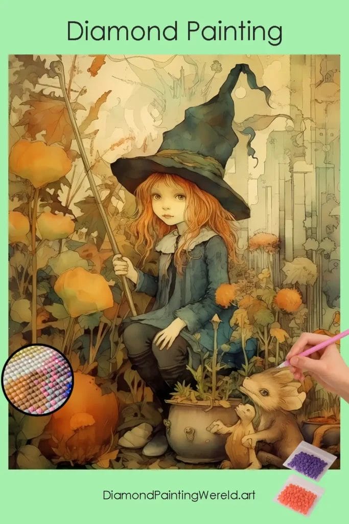 Leuke Heks met Zwarte Hoed 1 Diamond Painting Wereld Cute witch with black hat
