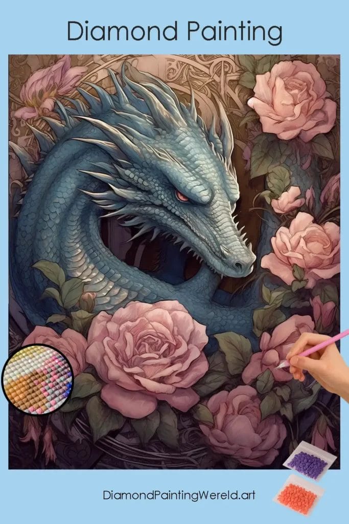 Draak en Roze Bloemen 1 Diamond Painting Wereld Dragon and Pink Flowers