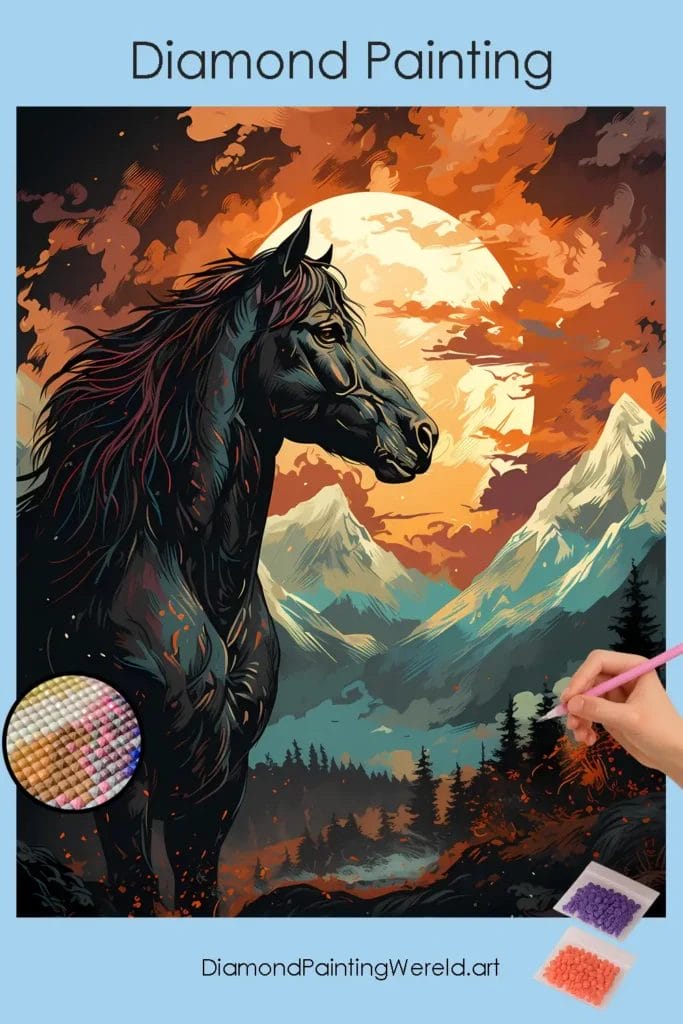 Zwart Paard en Bergen 1 Diamond Painting Wereld Black horse and Mountains