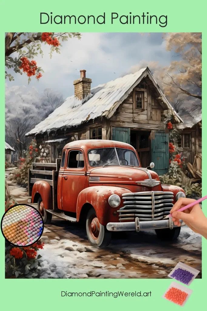 Winterhuis en Vintage Auto 1 Diamond Painting Wereld Winter House and Vintage Car