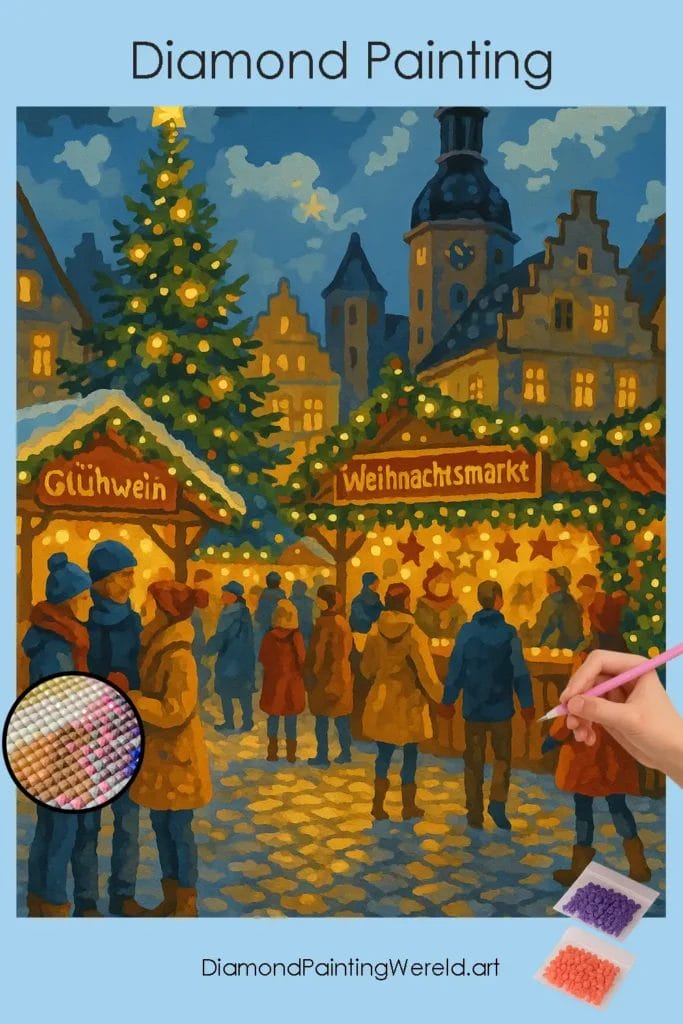 Duitse Kerstmarkt bij Schemering 1 Diamond Painting Wereld German_Weihnachtsmarkt_at_Dusk