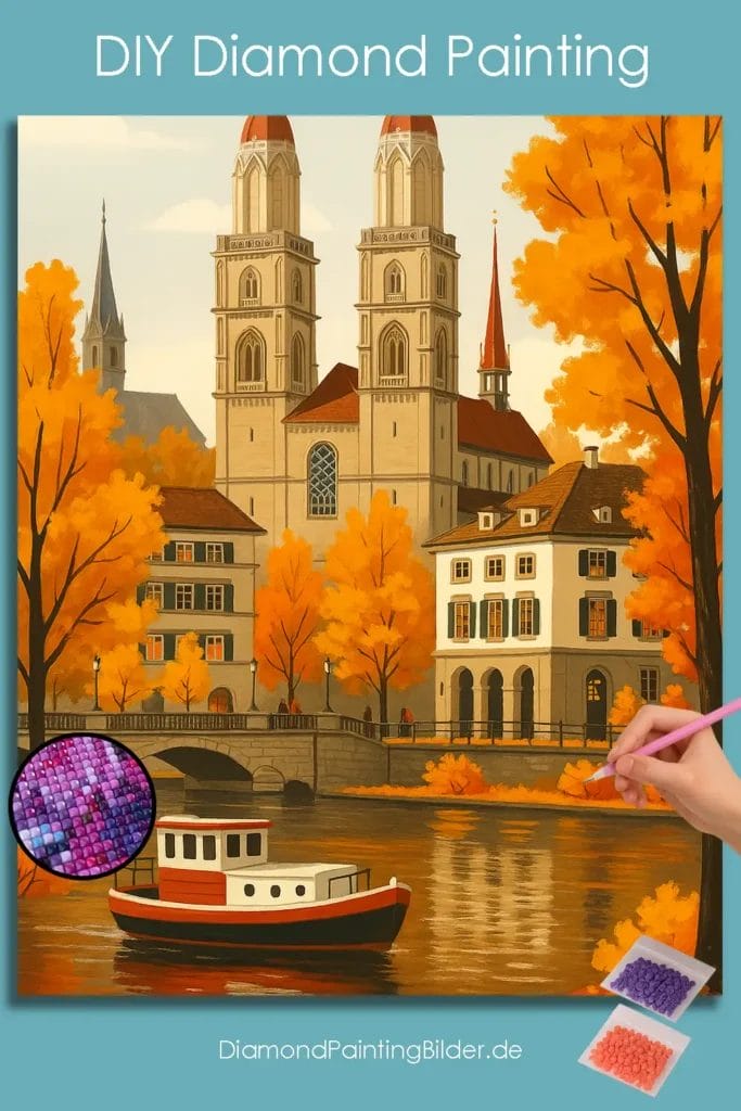 Herfststemming bij Grossmünster in Zürich 1 Diamond Painting Wereld Herbststimmung_am_Grossmunster_in_Zurich