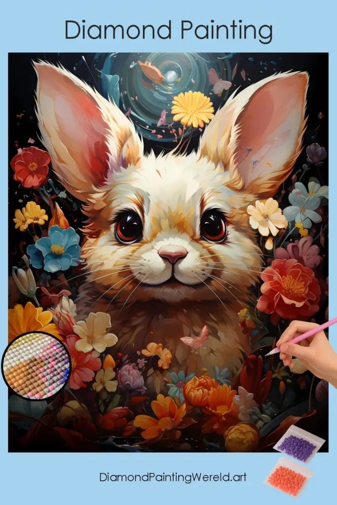 Lief Konijntje in Bloemen 1 Diamond Painting Wereld Cute Bunny in Flowers