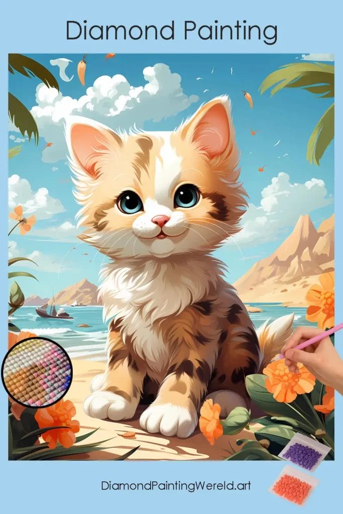 Blije Kat aan het Strand 1 Diamond Painting Wereld Happy Cat On Beach
