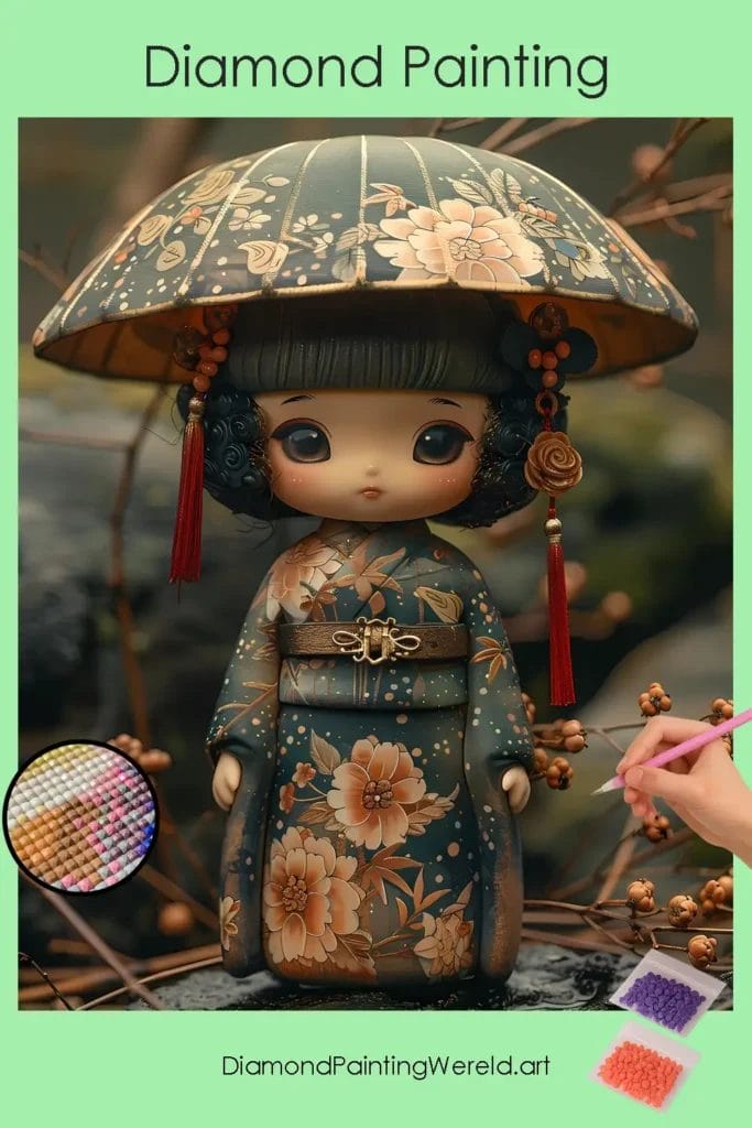 Schattig Meisje met Kawaii Paraplu 1 Diamond Painting Wereld Cute Girl with Umbrella