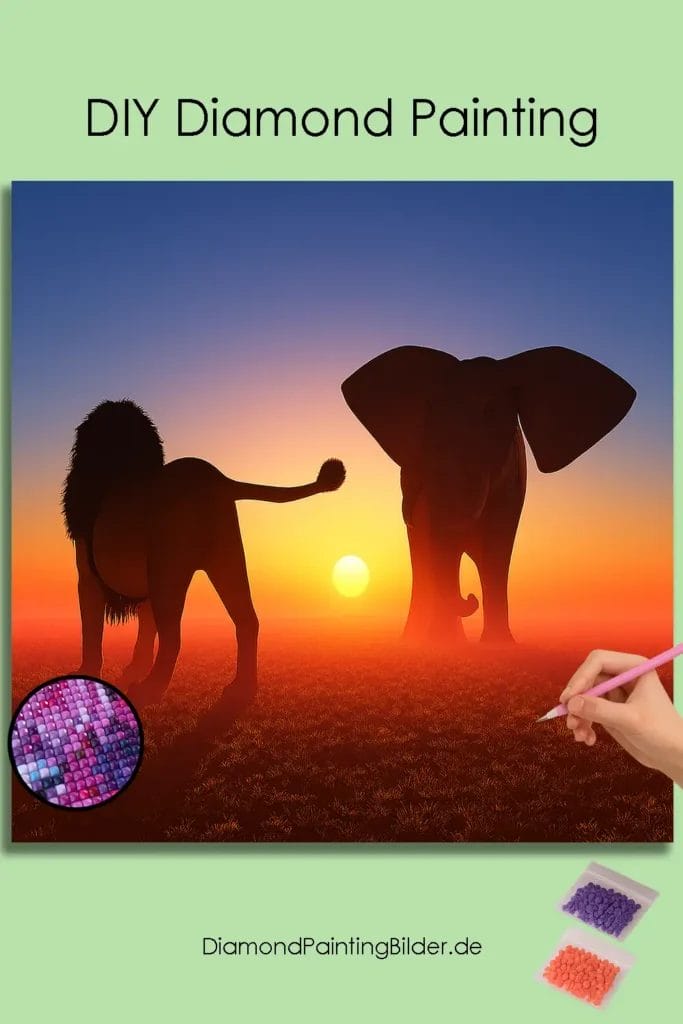 Leeuw en Olifant bij Zonsondergang 1 Diamond Painting Wereld Lowe und Elefant pin diamond painting paintingscart DIY diamond Painting Wereld