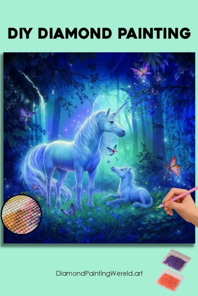 Eenhoorn met Baby in de Jungle 1 Diamond Painting Wereld Moonlit Unicorns in an Enchanted Forest pin diamond painting paintingscart DIY diamond Painting Wereld