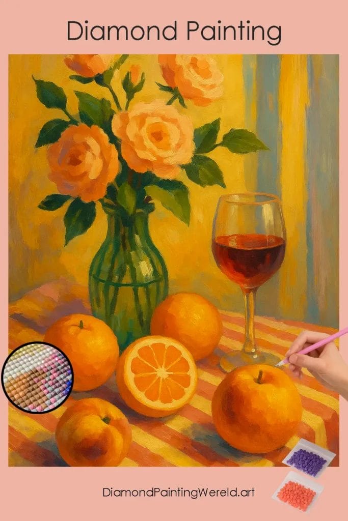 Perzikrozen en Warm Fruit Stilleven 1 Diamond Painting Wereld Peach_Roses_and_Warm_Fruits_Still_Life