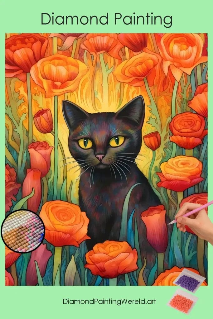 Zwarte Kat en Bloemen 1 Diamond Painting Wereld Black Cat and Flowers