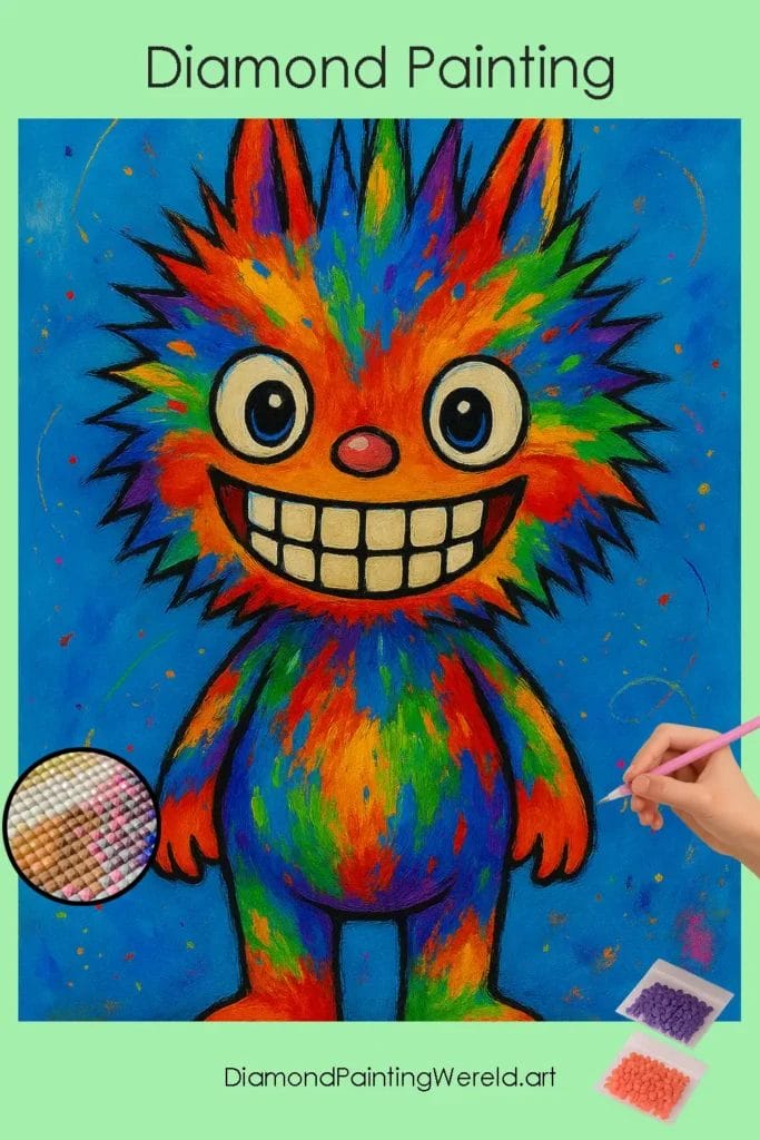 Regenboogwezen op Blauw Canvas – Labubu Pop 1 Diamond Painting Wereld Rainbow_Creature_on_Blue_Canvas Labubu Doll