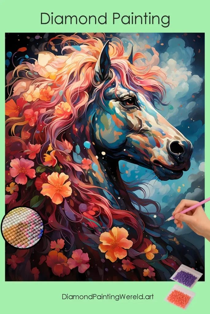 Regenboogpaard en Bloemen 1 Diamond Painting Wereld Rainbow Horse and Flowers