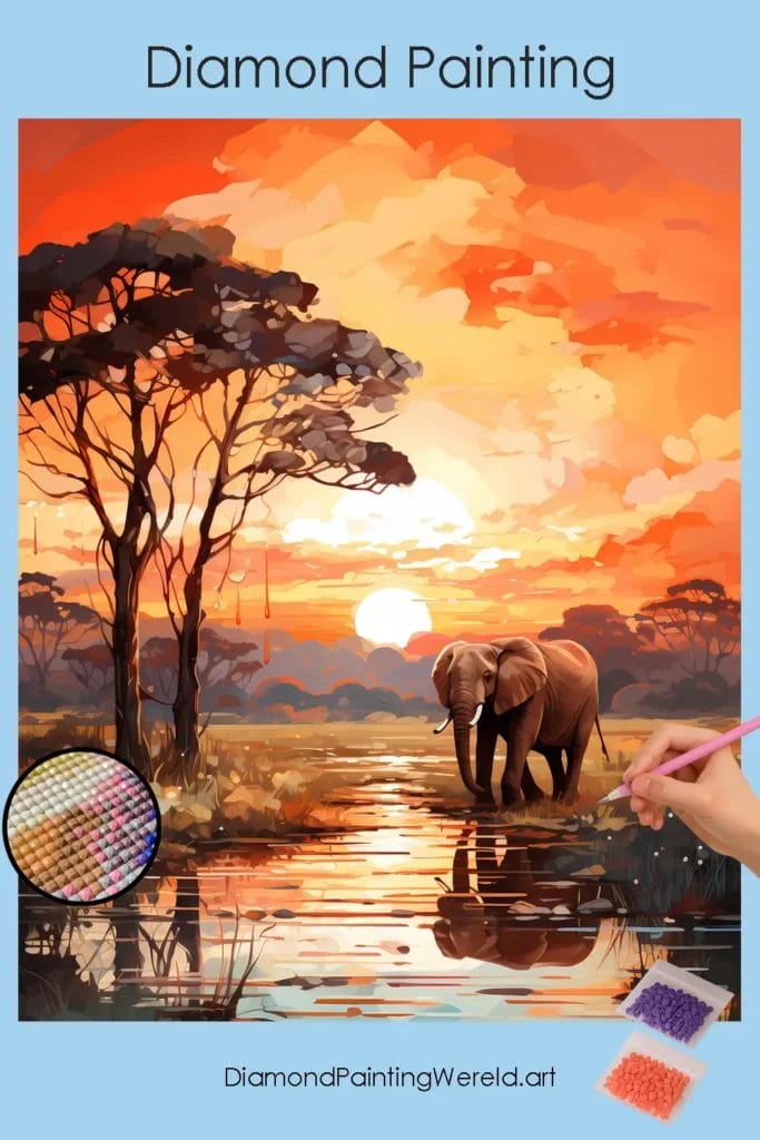 Olifant in Jungle Zonsondergang 1 Diamond Painting Wereld Elephant in Jungle Sunset