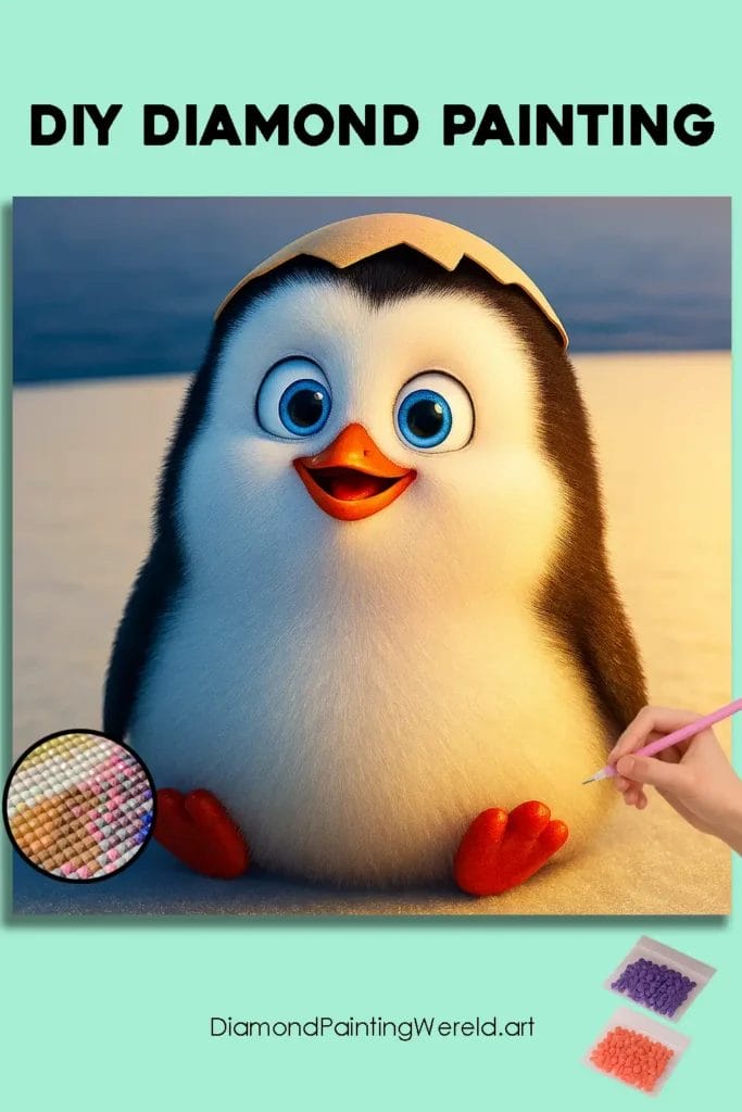 Zoete Babypinguïn 1 Diamond Painting Wereld Snowy Sunrise with Joyful Penguin pin diamond painting paintingscart DIY diamond Painting Wereld