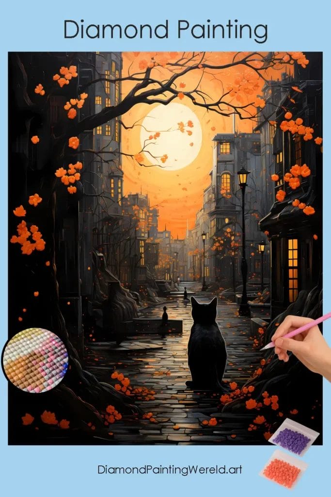 Zwarte Kat in de Lente 1 Diamond Painting Wereld Black Cat in Spring