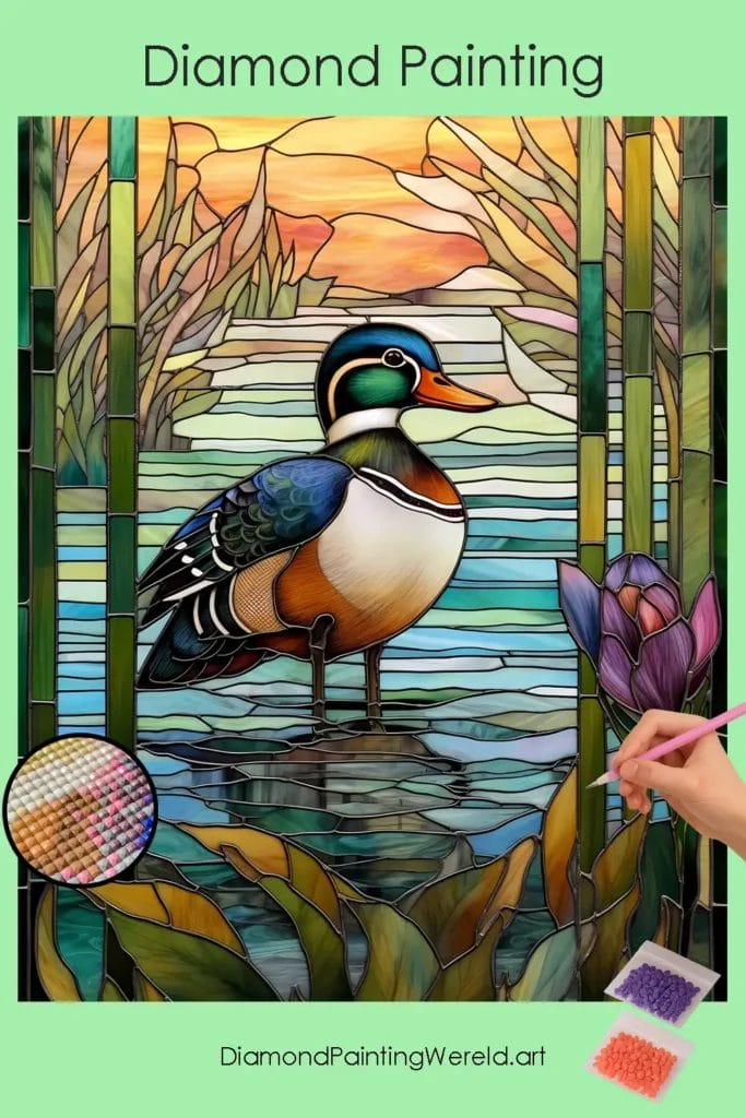 Schattige Glas-in-lood Carolina-eend 1 Diamond Painting Wereld Wood Duck