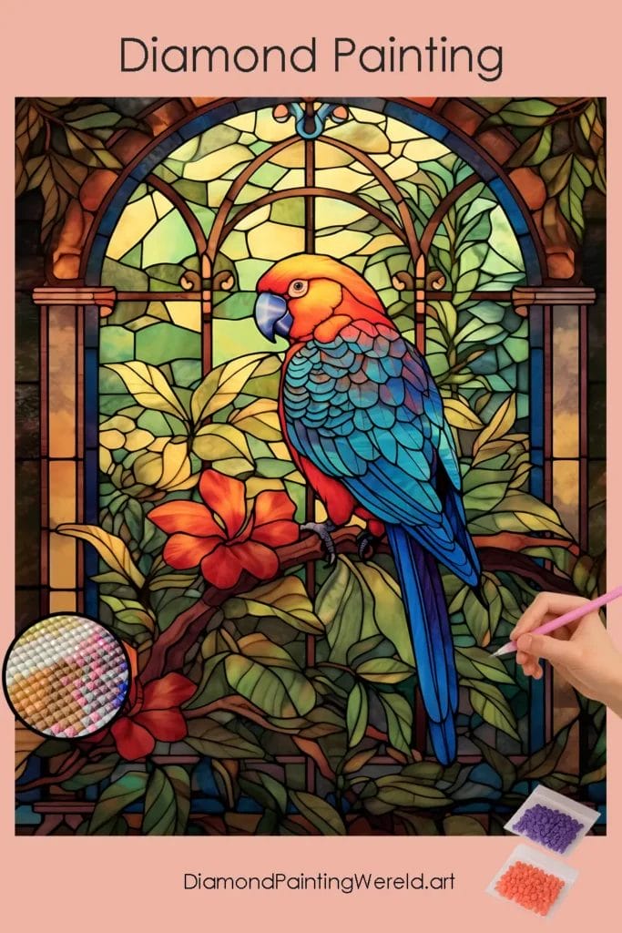 Verlegen Glas-in-lood Papegaai 1 Diamond Painting Wereld Shy Parrot Stained Glass