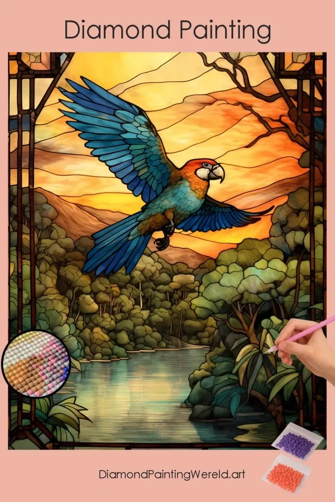 Prachtige Glas-in-lood Papegaai 1 Diamond Painting Wereld Beautiful Parrot Stained Glass