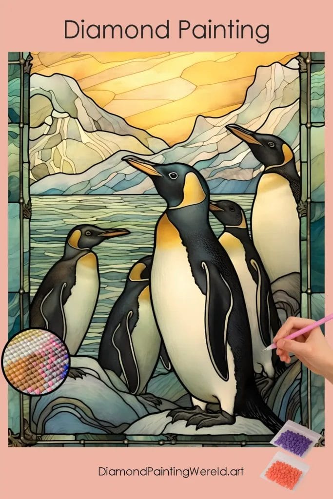 Pinguïns in Glas-in-loodstijl 1 Diamond Painting Wereld Penguins Stained Glass