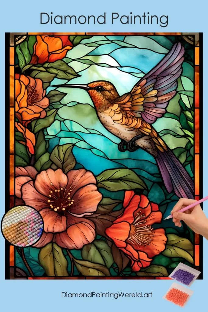 Kolibrie in Glas-in-lood Stijl 1 Diamond Painting Wereld Hummingbird Stained Glass