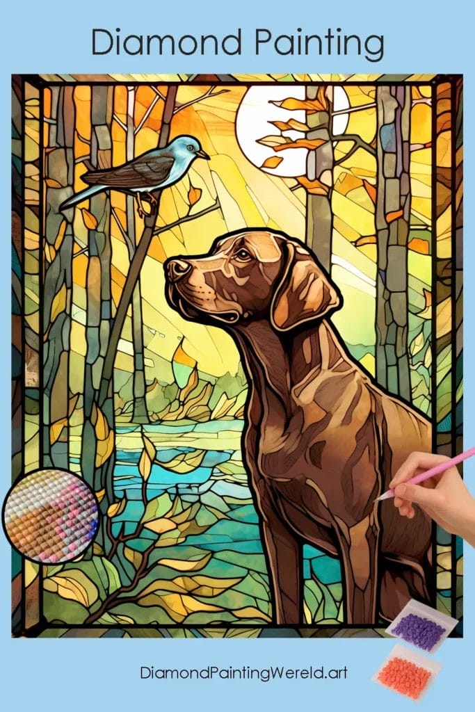 Hond en Vogel in Glas-in-lood Stijl 1 Diamond Painting Wereld Dog and Bird Stained Glass