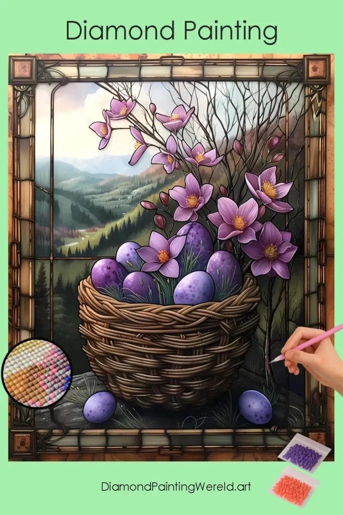 Paarse Eieren in een Mandje 1 Diamond Painting Wereld Purple Eggs in a Basket