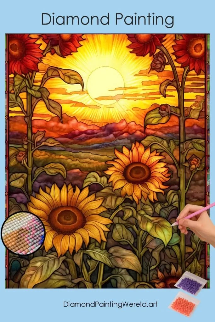 Zonnebloemen in Glas-in-lood Stijl 1 Diamond Painting Wereld Sunflowers Stained Glass